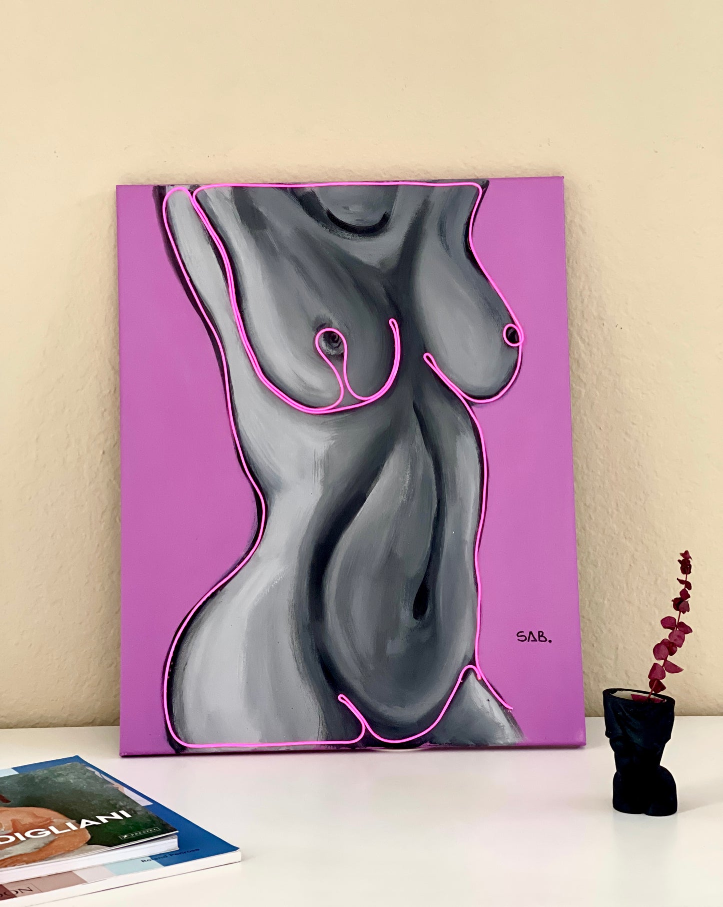 “Kat” abstract figurative neon light painting 16x20