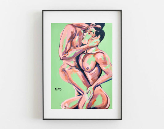 LGBTQ PRIDE GAY men love rainbow moden decor couple painting abstract acrylic Nude Sexy art Print Naked green