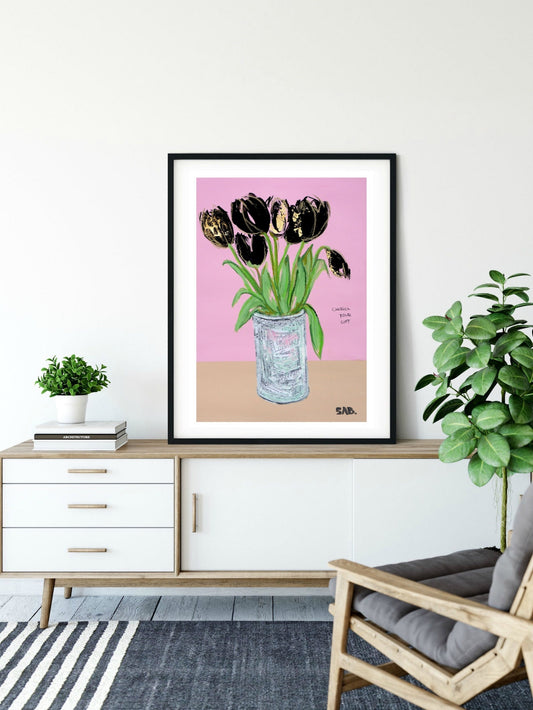 Floral Inspirational ART Print "Cherish your Gift"  Pink Gold Black original abstract painting flowers vase home decor modern luxury acrylic