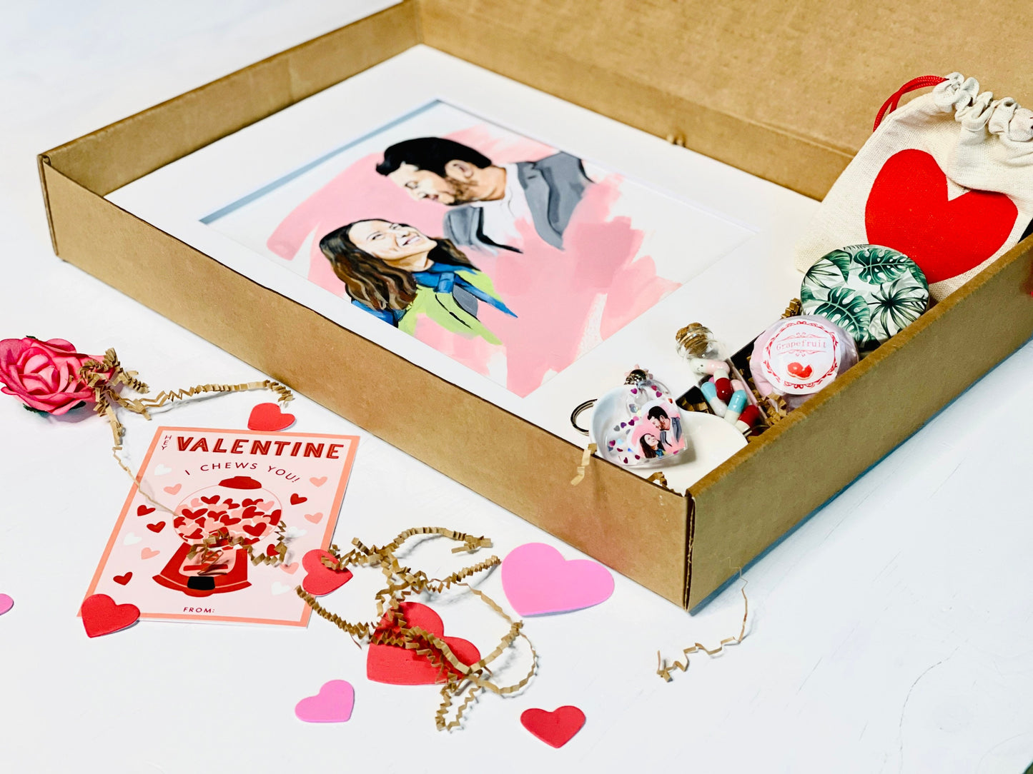 Valentines Custom Portrait painting Gift Box For Her Resin keychain distance bracelet love note bottle Romantic Best gift idea
