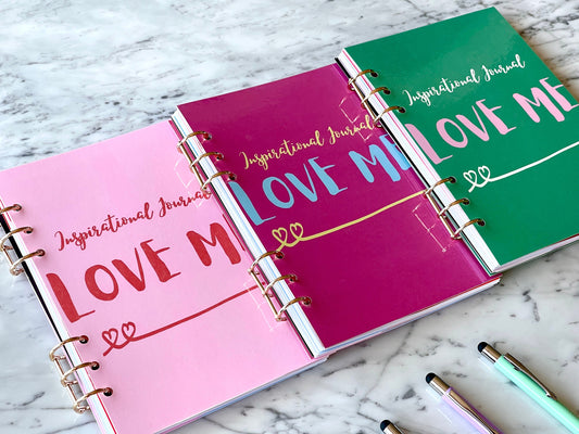INSPIRING JOURNAL "Love me" custom unique quotes refillable artsy motivational pink A5 size + pen notebook diary dated lined spiral handmade